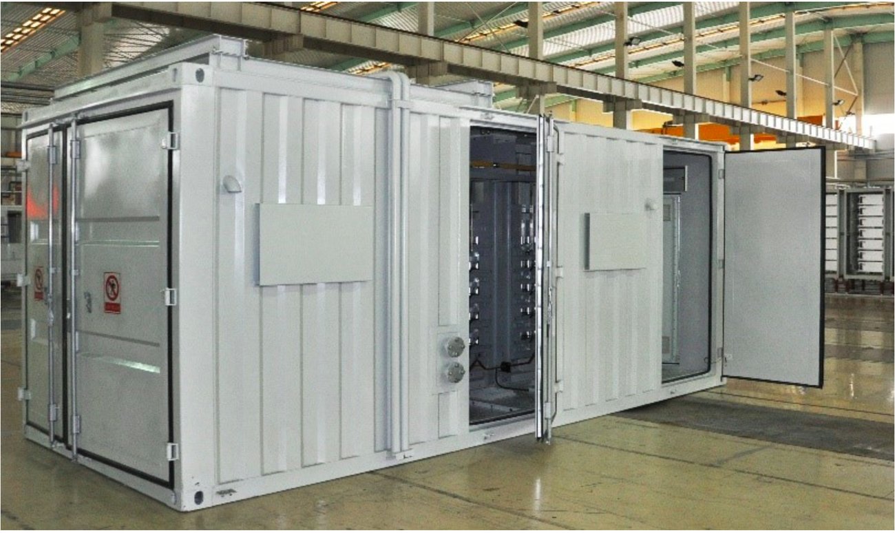 A containerised medium-voltage power-electronics system with its access doors open.