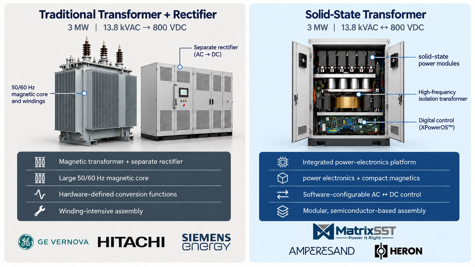 A side-by-side comparison. Left: a traditional 3 MW 13.8 kVAC to 800 VDC arrangement of a magnetic transformer with a separate rectifier, described as hardware-defined and winding-intensive. Right: a solid-state transformer of the same rating, described as an integrated power-electronics platform with compact magnetics, software-configurable AC to DC control and modular semiconductor-based assembly.