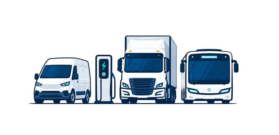 An electric van, a charging pedestal, an electric truck and an electric bus.